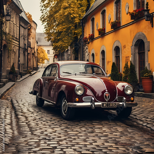 Vintage car parked on a cobblestone street. © Cao