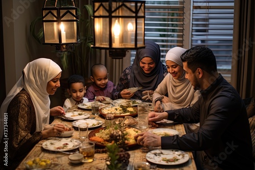 Muslim family enjoys a grand feast at home to celebrate, with a group of people sitting around a table and eating food.