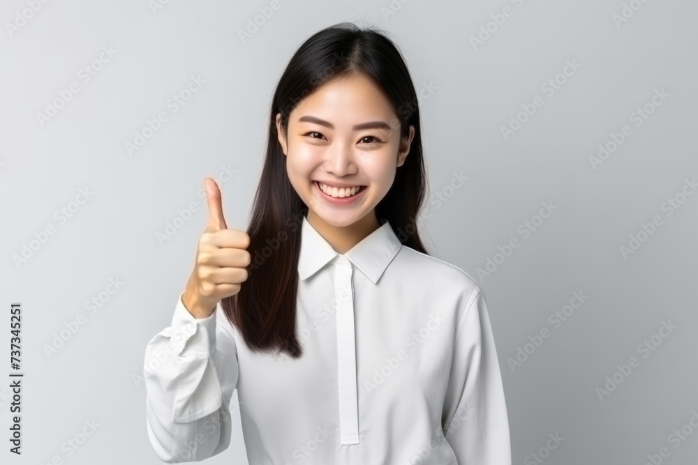 Smiling professional woman giving thumbs up in a white shirt, expressing approval and success. Smiling professional woman giving thumbs up in a white shirt, expressing approval and success.