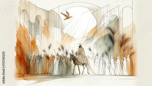 Jesus entering in Jerusalem on a donkey, welcomed by the crowd. Palm Sunday. Watercolor Biblical Illustration.	
