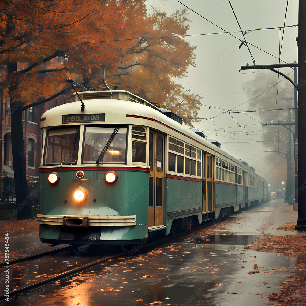 Vintage-style photograph of an old-fashioned streetcar.