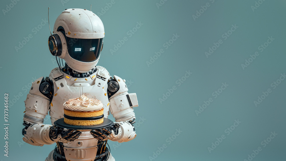 A metallic toy robot presents a delicious cake, its mechanical arms delicately holding the sweet treat with precision and care A metallic toy robot presents a delicious cake, its mechanical arms delicately holding the sweet treat with precision and care