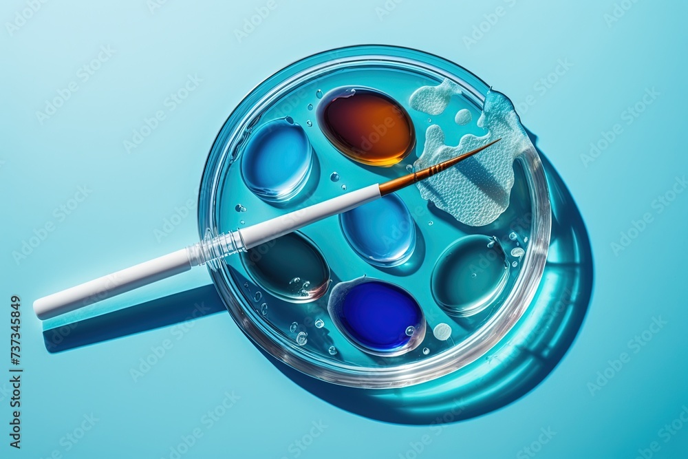 Pipette with a sample of a gel cosmetic product in a Petri dish on a blue background Pipette with a sample of a gel cosmetic product in a Petri dish on a blue background