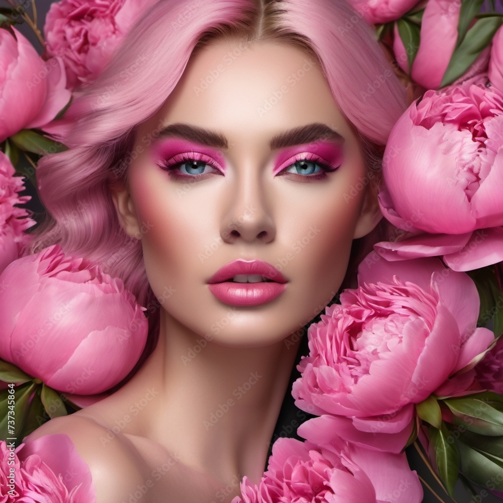 woman with pink flowers woman with pink flowers