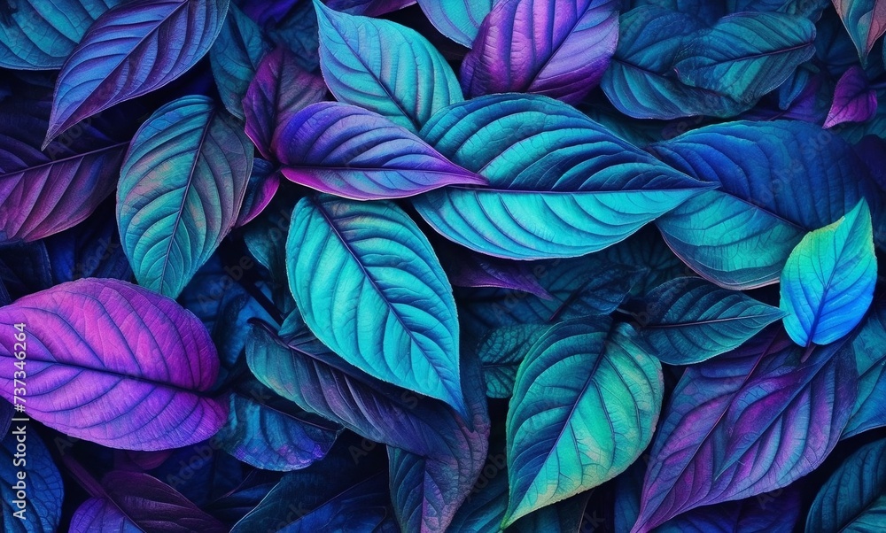 Colorful leaves background, neon blue and pink abstract leaves