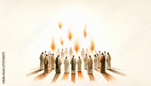 Pentecost Sunday: The Holy Spirit Comes as Tongues of Fire. Digital illustration of the Holy Spirit descending on the believers. Rear view.