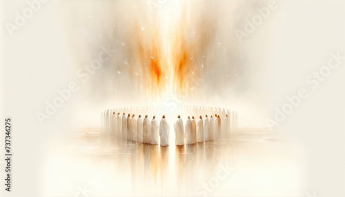 Pentecost Sunday: The Holy Spirit Comes as Tongues of Fire. Digital illustration of the Holy Spirit descending on the believers. Rear view. photo