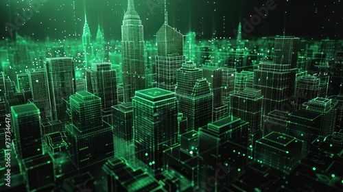 A 3D rendered image depicting a futuristic city with buildings composed of glowing green digital lines against a dark background