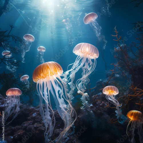 Surreal underwater scene with floating jellyfish. © Cao