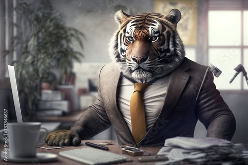 Tiger in a gray suit and gold tie in the office. Director businessman