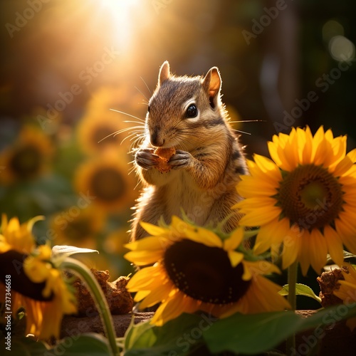 illustration of photo of chipmunk eating sunflower seeds in garden, Generative ai © rajesh