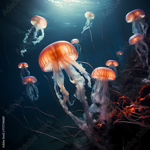 Surreal underwater scene with floating jellyfish.