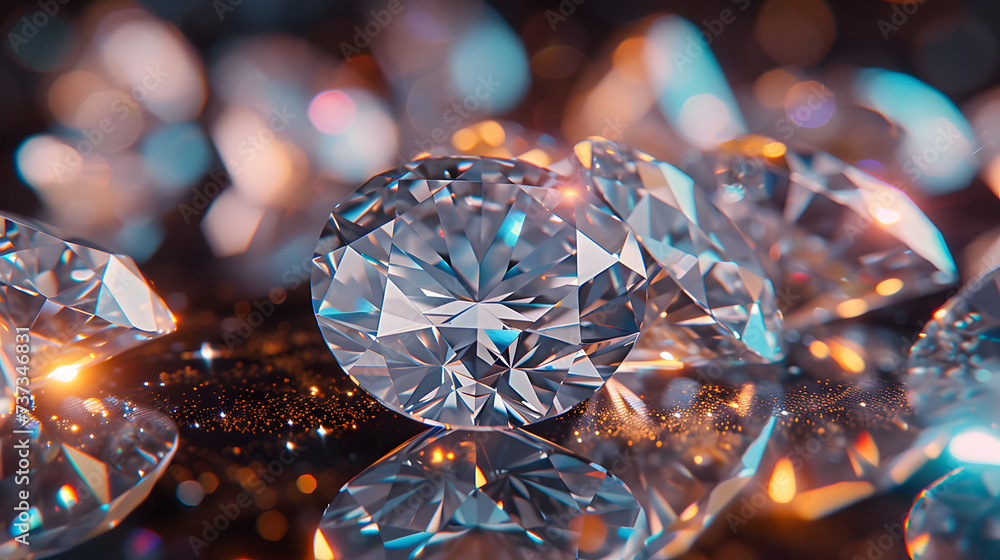 Close-up of a diamond surrounded by many other diamonds. The background is a dark black, and the diamonds are all sparkling and shiny. Close-up of a diamond surrounded by many other diamonds. The background is a dark black, and the diamonds are all sparkling and shiny.