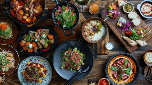 a wooden table topped with lots of different types of plates and bowls filled with different types of food on top of it. photo