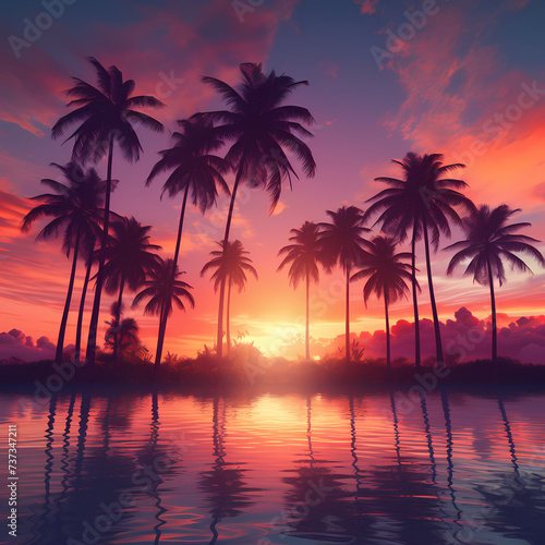 Tropical palm trees against a pink and orange sunset © Cao