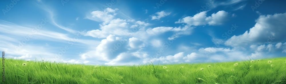 Green grass field under blue sky with white clouds Green grass field under blue sky with white clouds