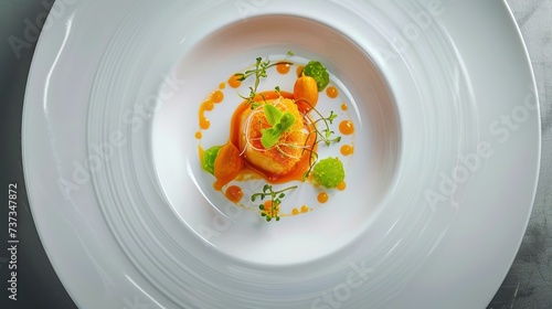 a white plate topped with an orange garnish and garnished with green leafy garnish. photo