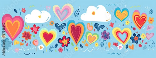 Cute kid scribble line flower, heart. rainbow background. Hand drawn doodle sketch childish element set. Flower, heart, cloud children draw style design elements background. Vector illustration photo