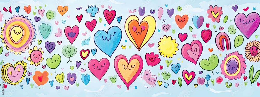 Cute kid scribble line flower, heart. rainbow background. Hand drawn doodle sketch childish element set. Flower, heart, cloud children draw style design elements background. Vector illustration