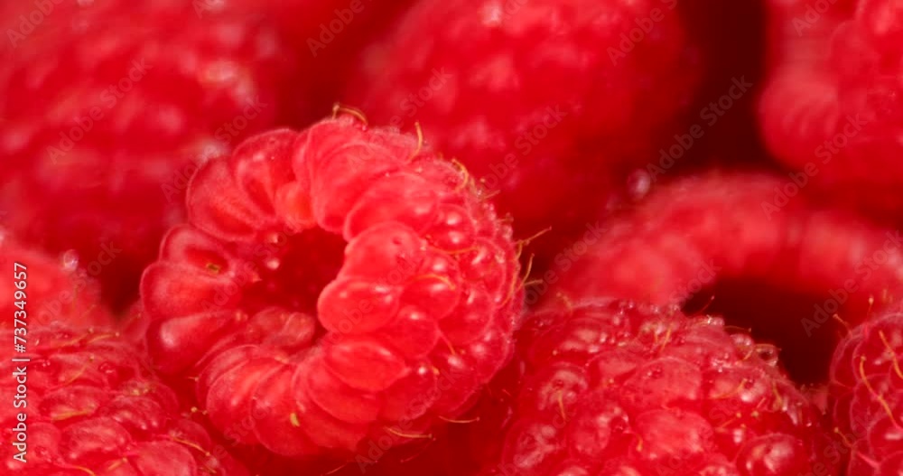 Extreme close up video of fresh and wet raspberries. They contain barely any fat and are a fruit low in carbohydrates and sugar. Extreme close up video of fresh and wet raspberries. They contain barely any fat and are a fruit low in carbohydrates and sugar.