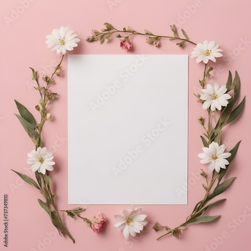 an empty white postcard with flowers surrounded on a pink background