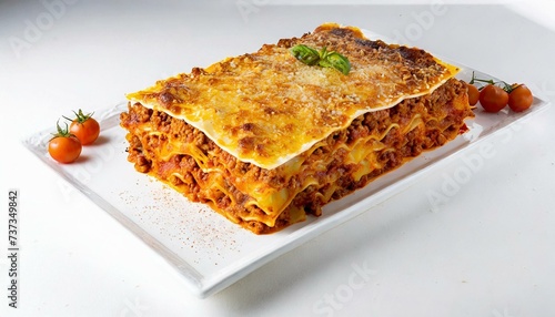 Uma lasanha a bolonhesa em uma travessa retangular branca. Fundo Branco. Lasanha isolada no fundo branco. Comida, molho de tomate, carne, massa. ( lasagna Bolognese ).

 photo