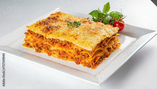 Uma lasanha a bolonhesa em uma travessa retangular branca. Fundo Branco. Lasanha isolada no fundo branco. Comida, molho de tomate, carne, massa. ( lasagna Bolognese ).

 photo