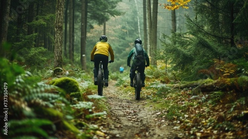 Adventurous off-road bikers navigating through a dense forest trail, reflecting the thrill of off-road biking