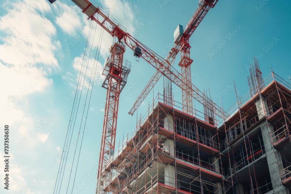 Tower construction crane in the sunset rays, construction and real estate concept, construction business Tower construction crane in the sunset rays, construction and real estate concept, construction business