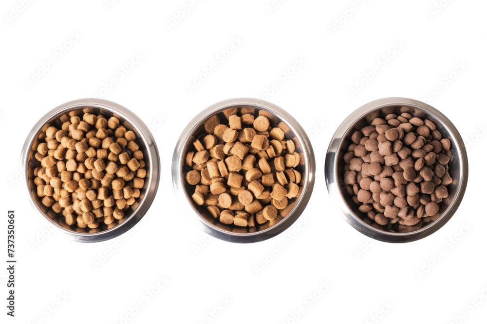 Set of dry food in metal bowls isolated on transparent white background. Set of dry food in metal bowls isolated on transparent white background.
