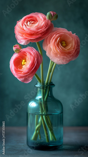 Bouquet of orange ranunculus on a pastel green background.