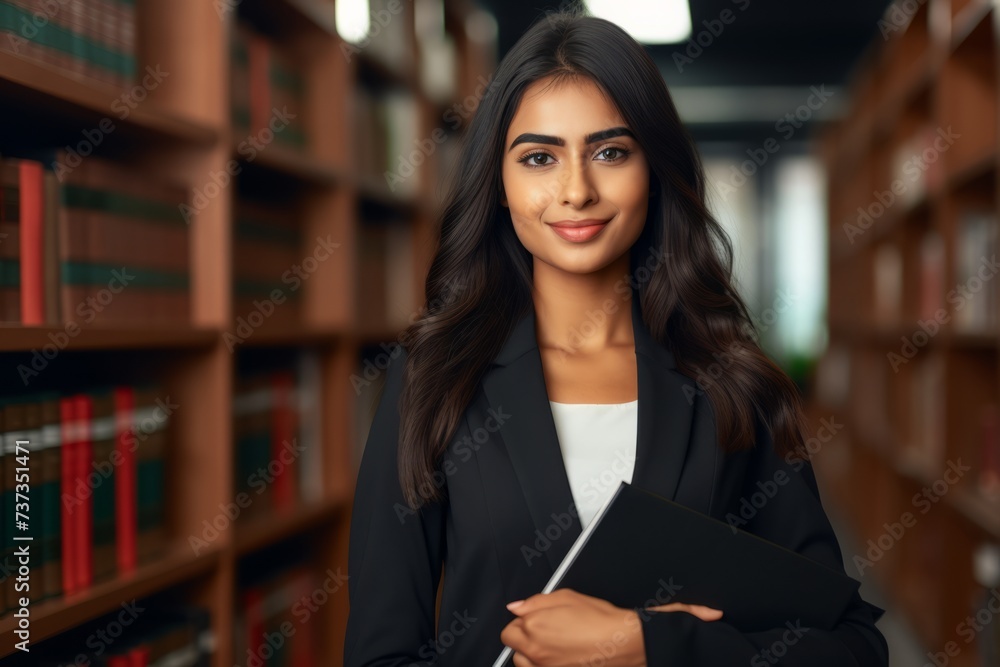 A young indian business woman stands in the library among books. Indian education concept for women	
 - obrazy, fototapety, plakaty 