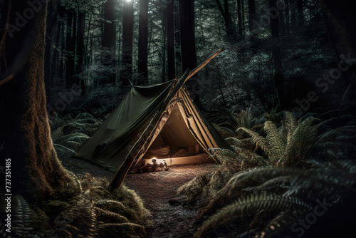 Quiet Peaceful Scene Of A Green Tent In The Forest At Night