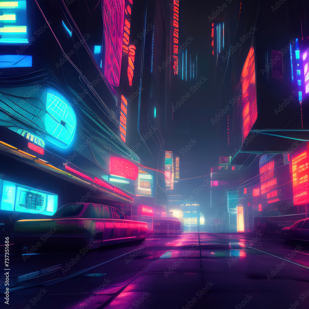 Naklejka premium Cyberpunk skyline, cityscape, urban landscape, neon colors