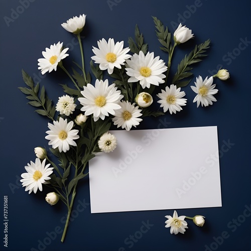 an empty white postcard with flowers surrounded on a dark blue background © Эля Эля