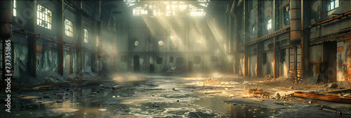 Post-War City Ruins, Abandoned Building with Visible Damage, Urban Decay and Destruction Theme, Soldier Presence photo