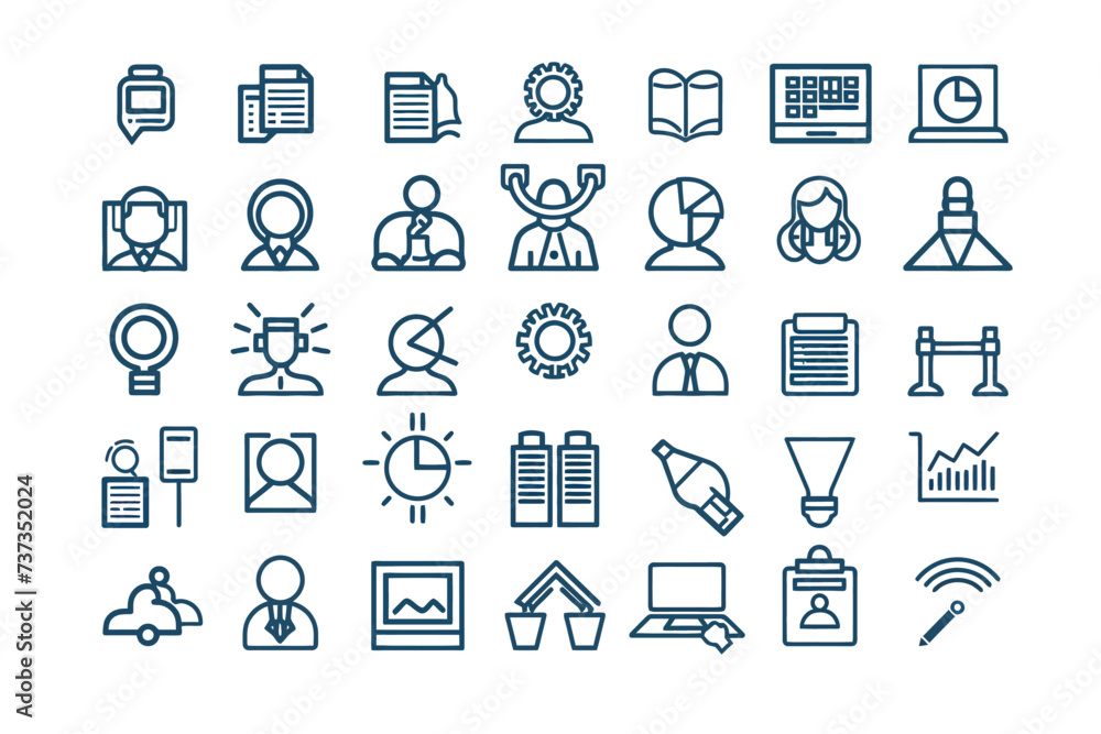 Set of 35 outline icons related to HR, Human Resources, Recruitment, Employment, business, office, company, management Set of 35 outline icons related to HR, Human Resources, Recruitment, Employment, business, office, company, management