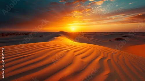 the sun is setting over a desert with a sand dune foreground and a blue sky background.