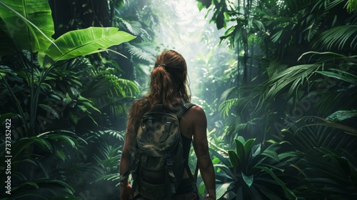 adventurer in the middle of a jungle, half body, cinematic, travel, palms, forest, nature, adventure