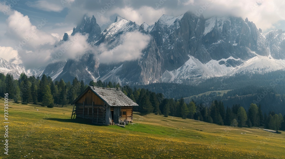 a small cabin middle of a grassy field with mountains backgrouds and clouds sky.