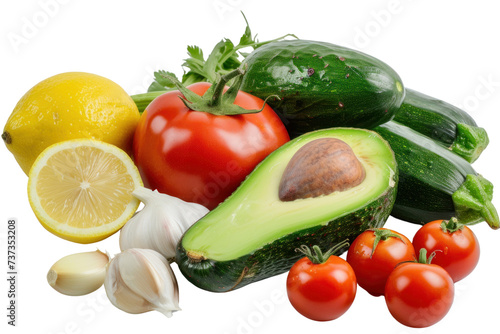 Avocado, onion, tomato, pepper and lemon, laid out flat. Food concept. Vegetables isolated on transparent white background