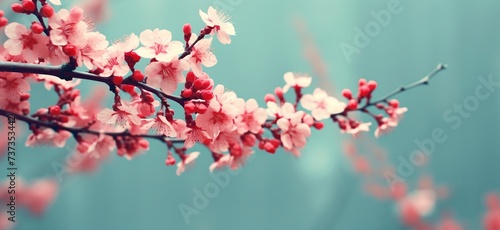 Blooming Sakura tree branch, pink flowers closeup