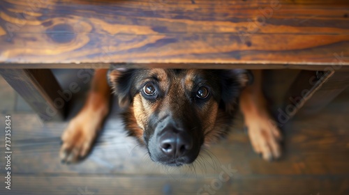 A cute dog standing under the table with a hungry look asking for food. Four-legged friend in top-down image asking for food. photo