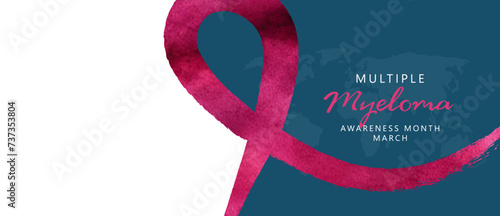 March Multiple Myeloma Awareness Month. Banner template with burgundy watercolor ribbon and text. Vector illustration.