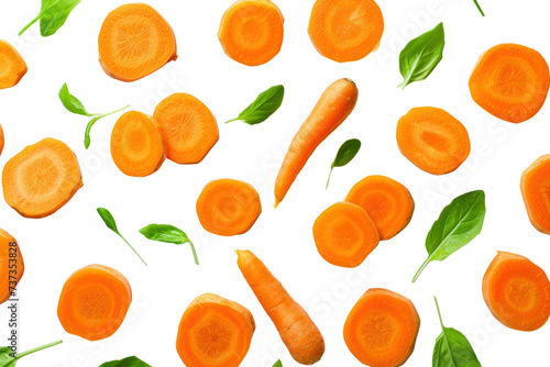 Sliced carrots with leaves on transparent white isolated background.
