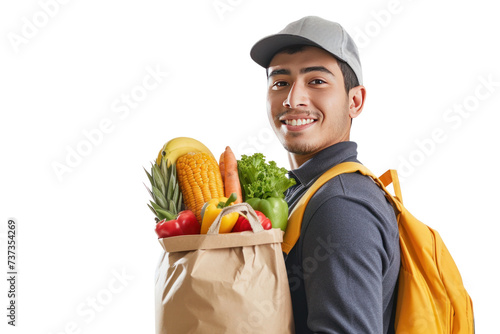 Caucasian delivery man holding a bag of food Isolated on transparent white background. photo