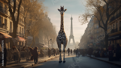 A giraffe is walking in Paris street, background of Eiffel Tower view Paris, France, Based on Generative AI photo