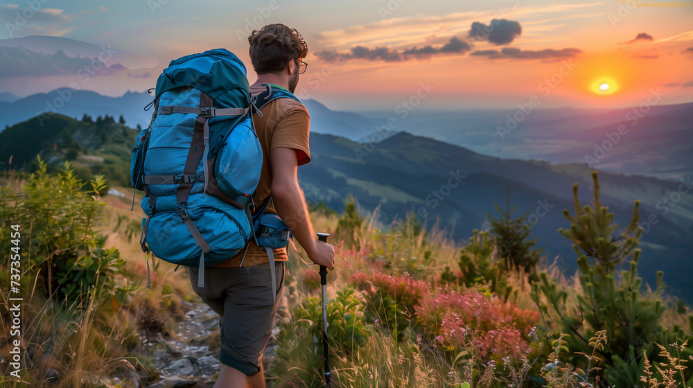 Hiking in Mountainous Wilderness with Backpack, Enjoying Sunset Over Peaks, Nature Adventure Activity, Backcountry Trekking Concept, Man Reaching Summit, Sweating Male in Nature's Serene Beauty