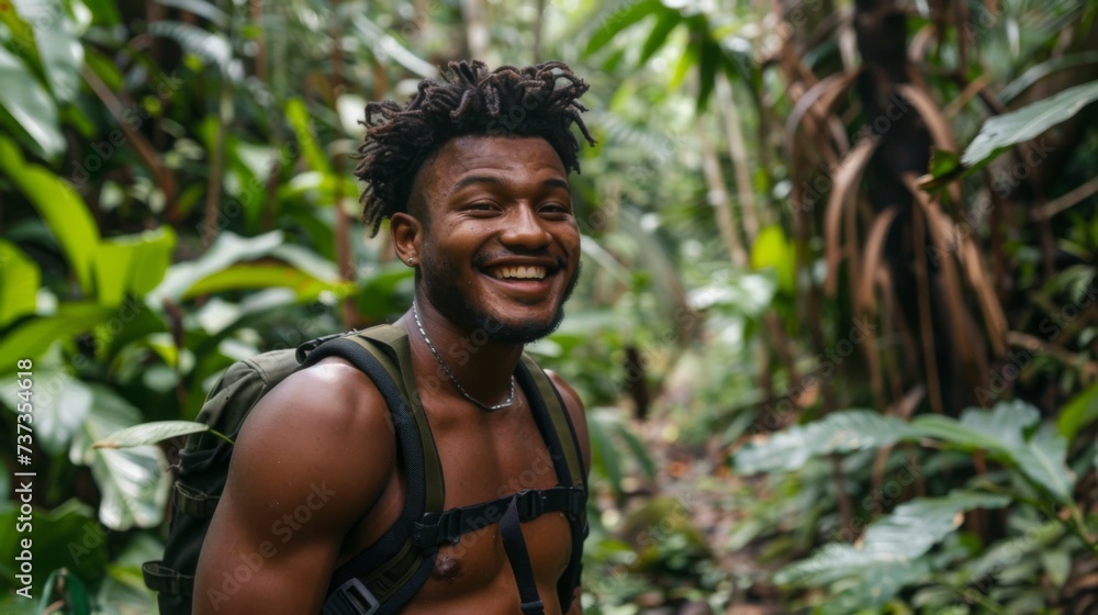black adventurer smiling in the middle of a jungle, half body, cinematic, travel, palms, forest, nature, adventure black adventurer smiling in the middle of a jungle, half body, cinematic, travel, palms, forest, nature, adventure