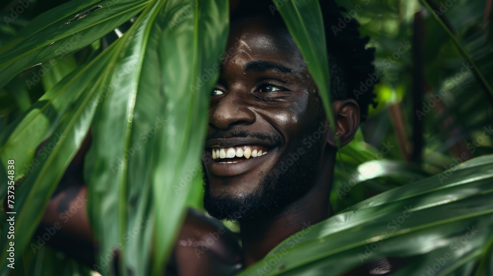 black adventurer smiling in the middle of a jungle, half body, cinematic, travel, palms, forest, nature, adventure black adventurer smiling in the middle of a jungle, half body, cinematic, travel, palms, forest, nature, adventure